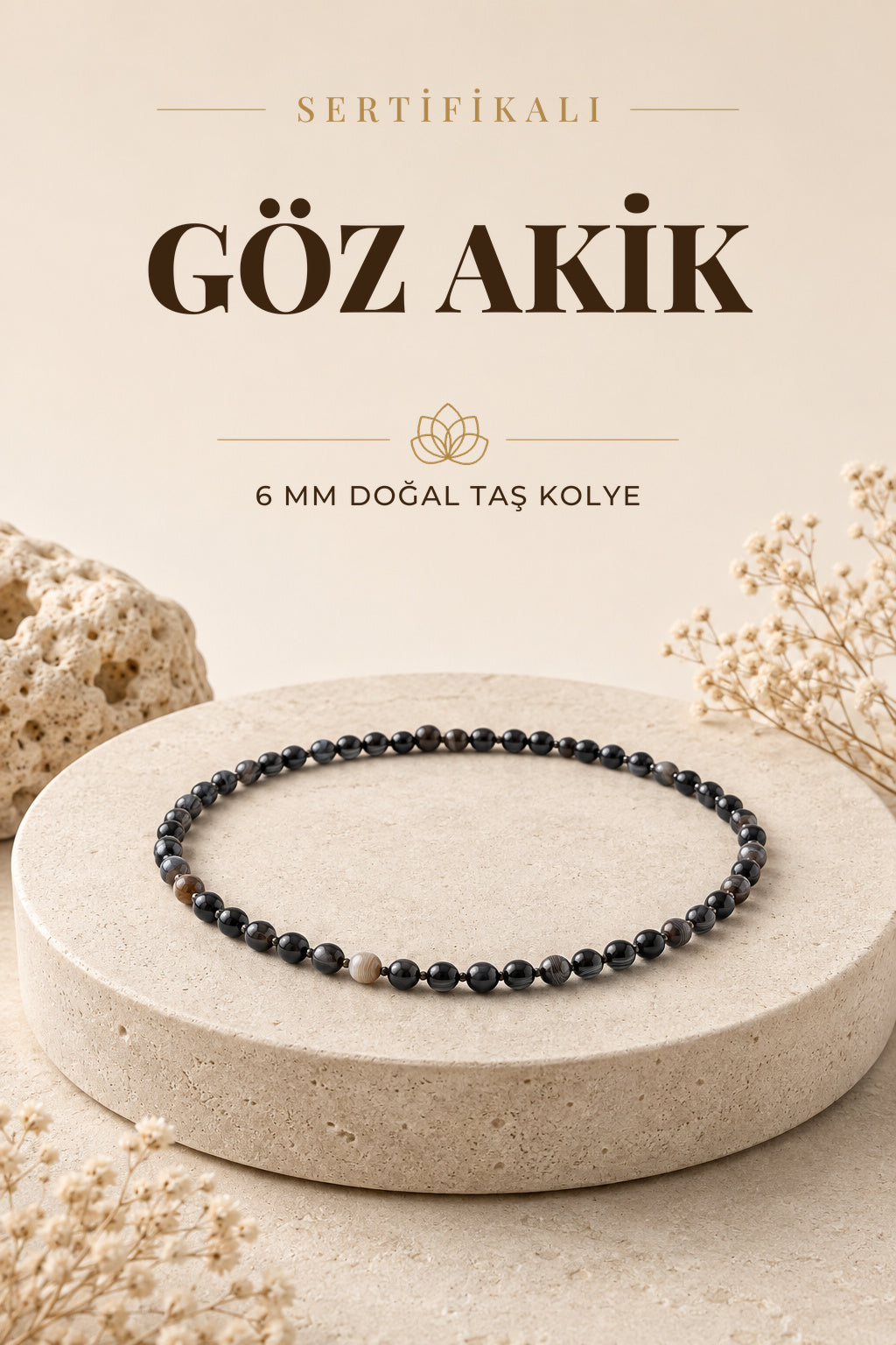 Sertifikalı Göz Akik Doğaltaş Kolye 6 Mm, M568
