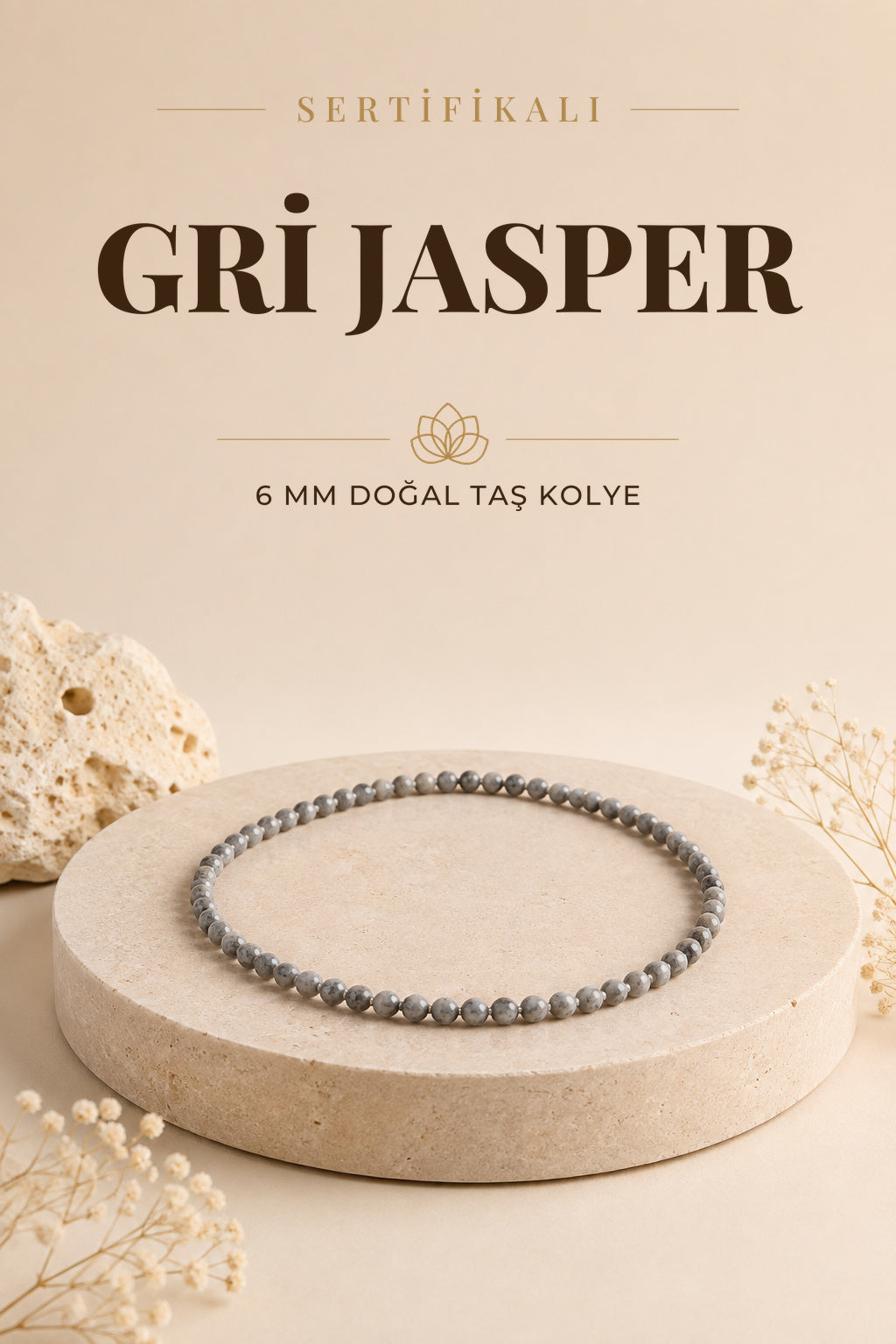 Sertifikalı Gri Jasper Doğaltaş Kolye 6 Mm, M569