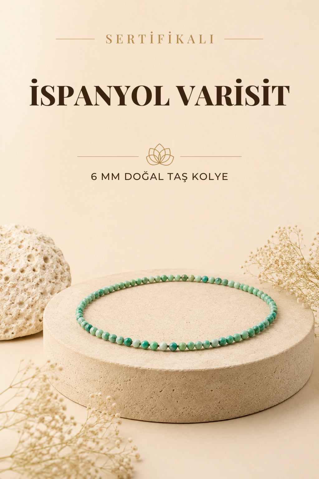 Sertifikalı Ispanyol Varisit Doğaltaş Kolye 6 Mm, M572