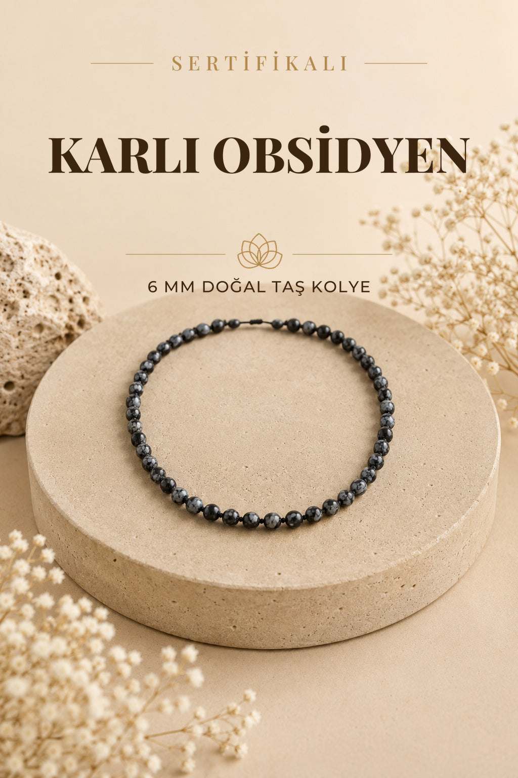Sertifikalı Karlı Obsidyen Doğaltaş Kolye 6 Mm, M573