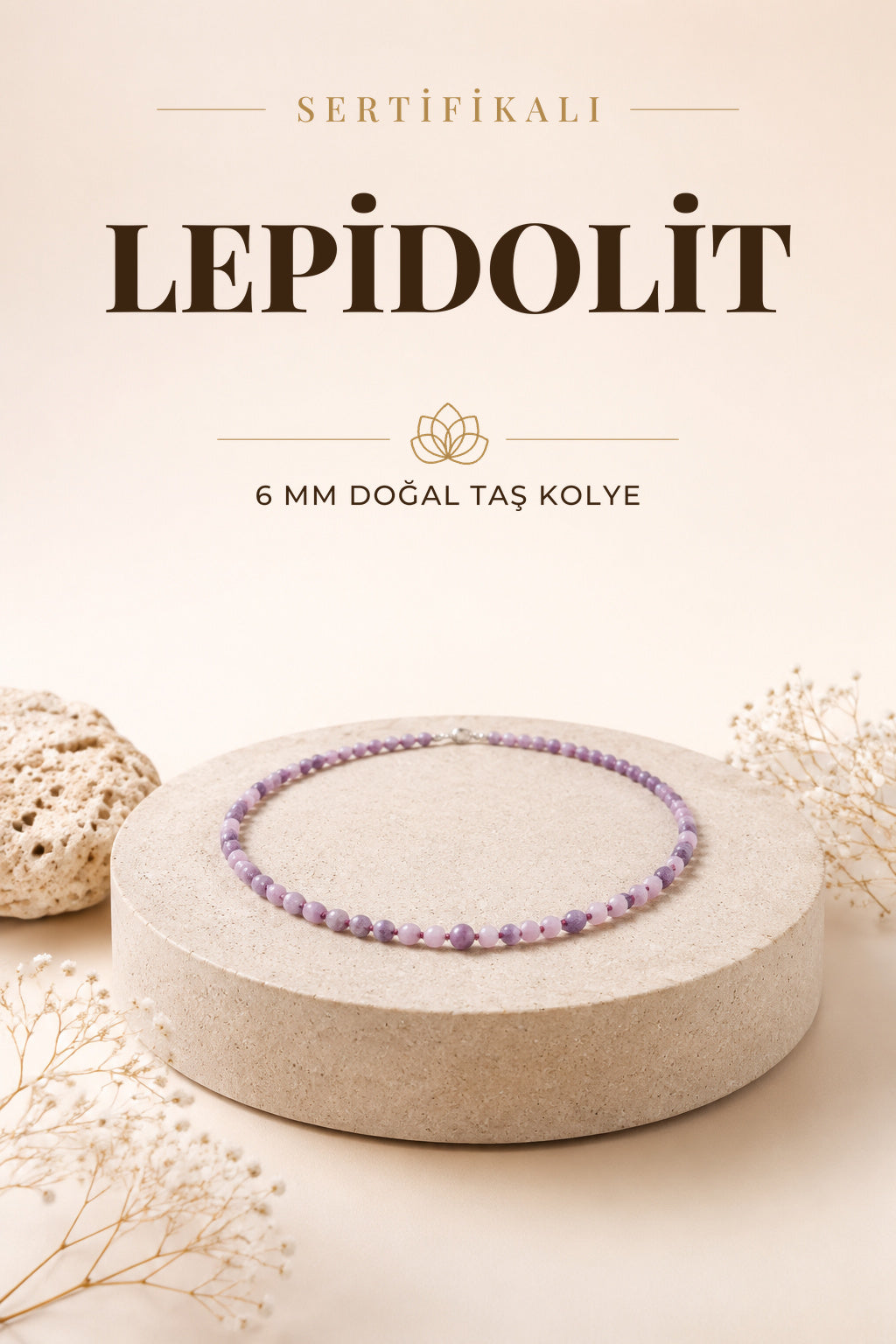 Sertifikalı Lepidolit Doğaltaş Kolye 6 Mm, M578