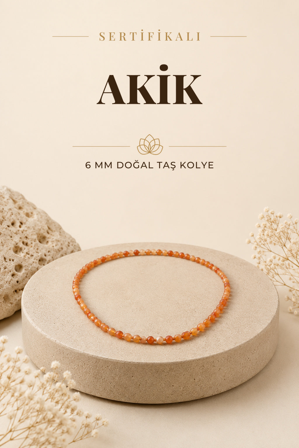 Sertifikalı Madagaskar Akik Doğaltaş Kolye 6 Mm, M579
