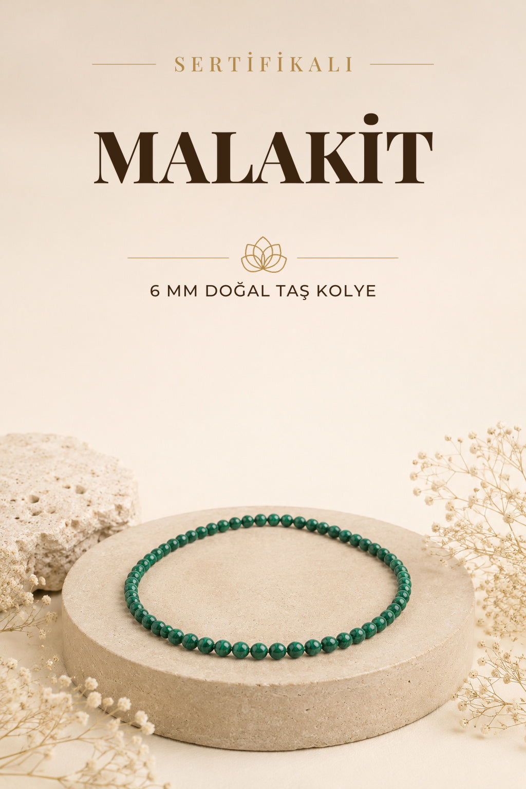 Sertifikalı Malakit Doğaltaş Kolye 6 Mm, M580