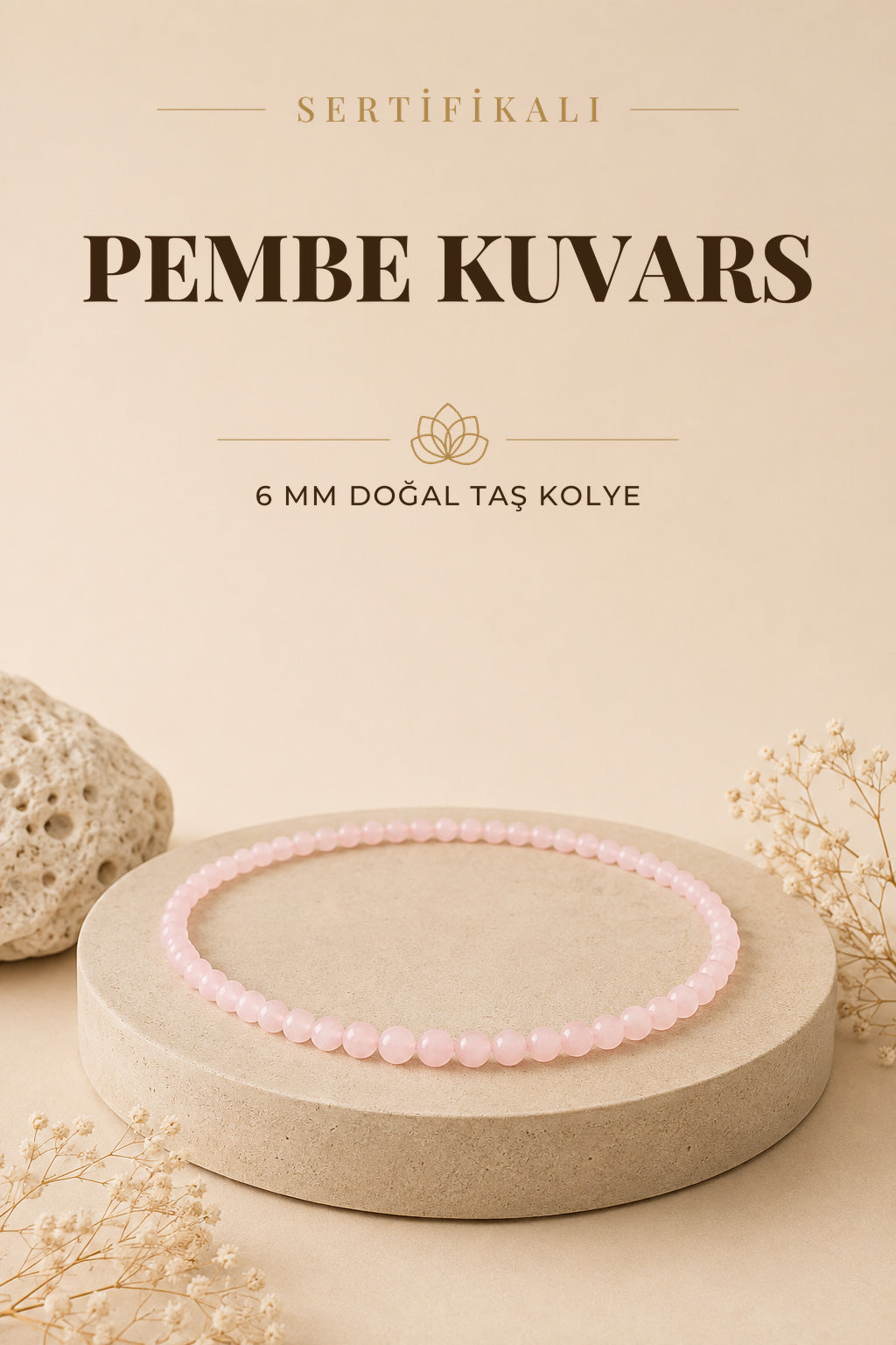 Sertifikalı Pembe Kuvars Doğaltaş Kolye 6 Mm, M584