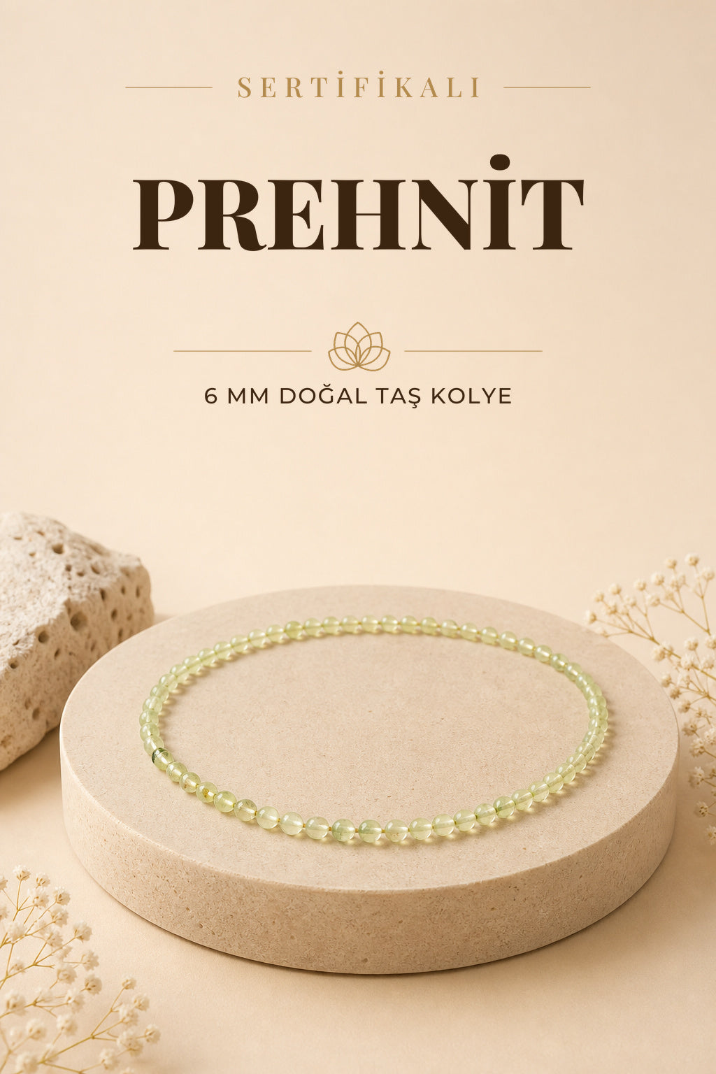 Sertifikalı Prehnit Doğaltaş Kolye 6 Mm, M586