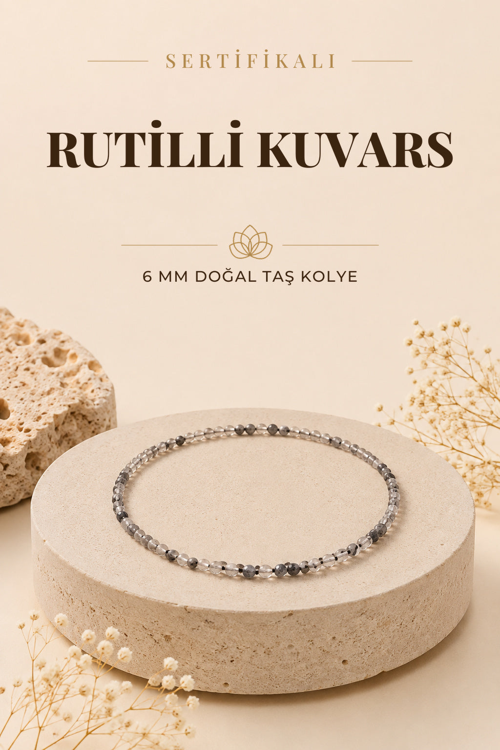 Sertifikalı Rutilli Kuvars Doğaltaş Kolye 6 Mm, M588
