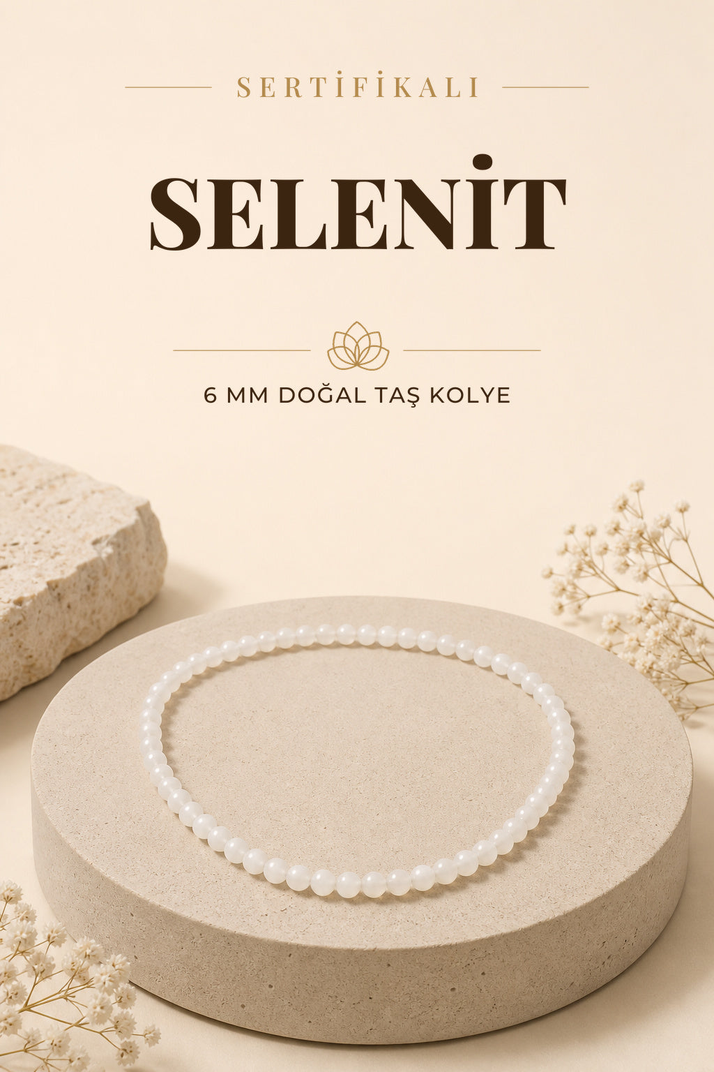 Sertifikalı Selenit Doğaltaş Kolye 6 Mm, M591