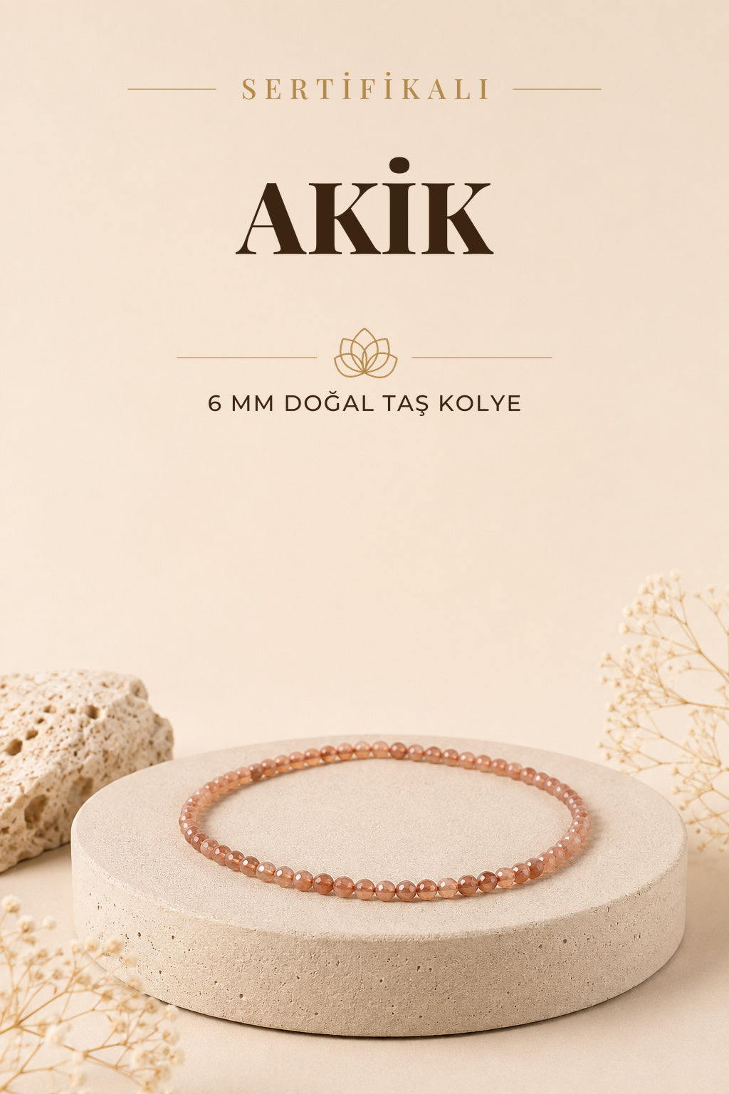 Sertifikalı Yemen Akiği Doğaltaş Kolye 6 Mm, M600