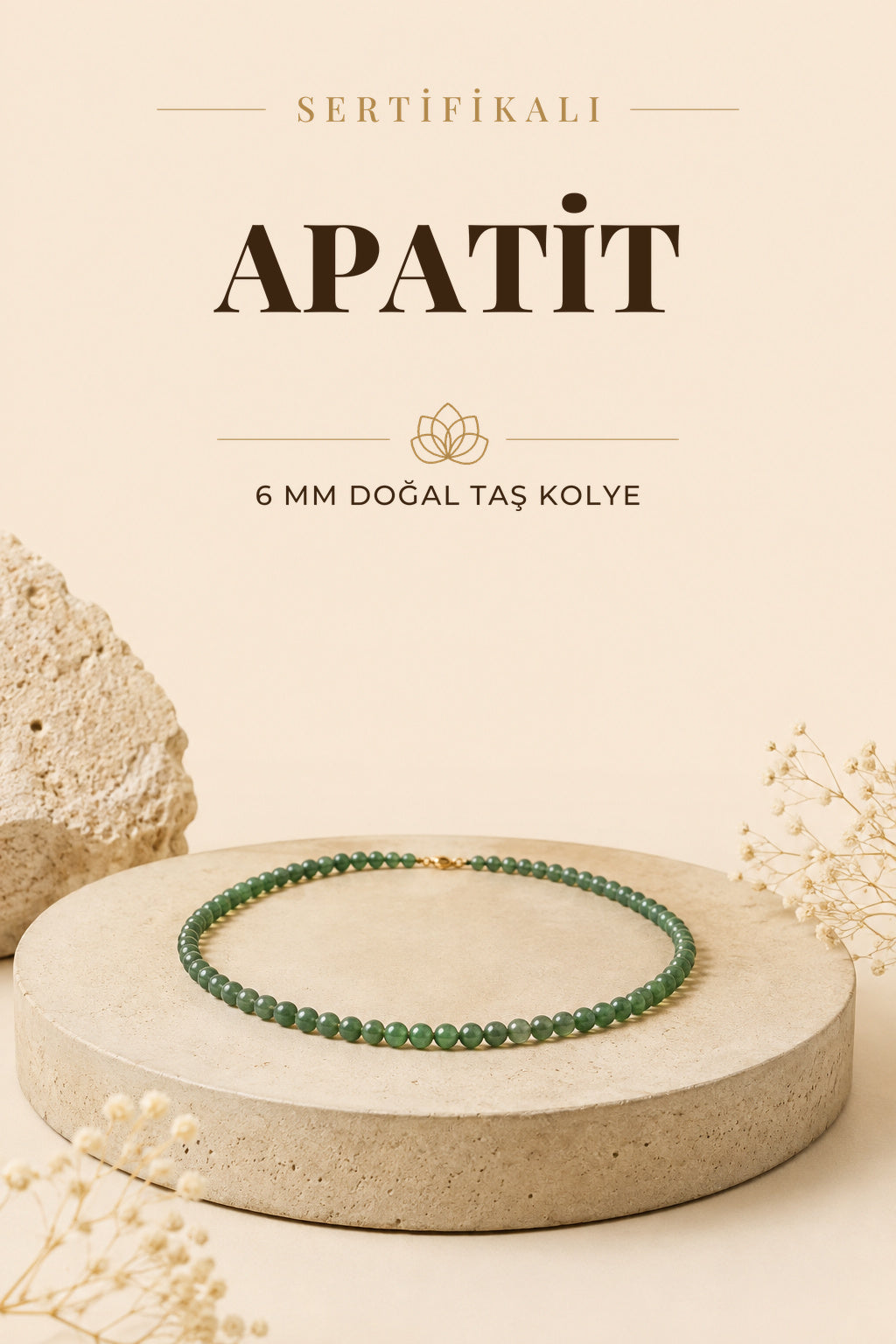 Sertifikalı Yeşil Apatit Doğaltaş Kolye 6 Mm, M601
