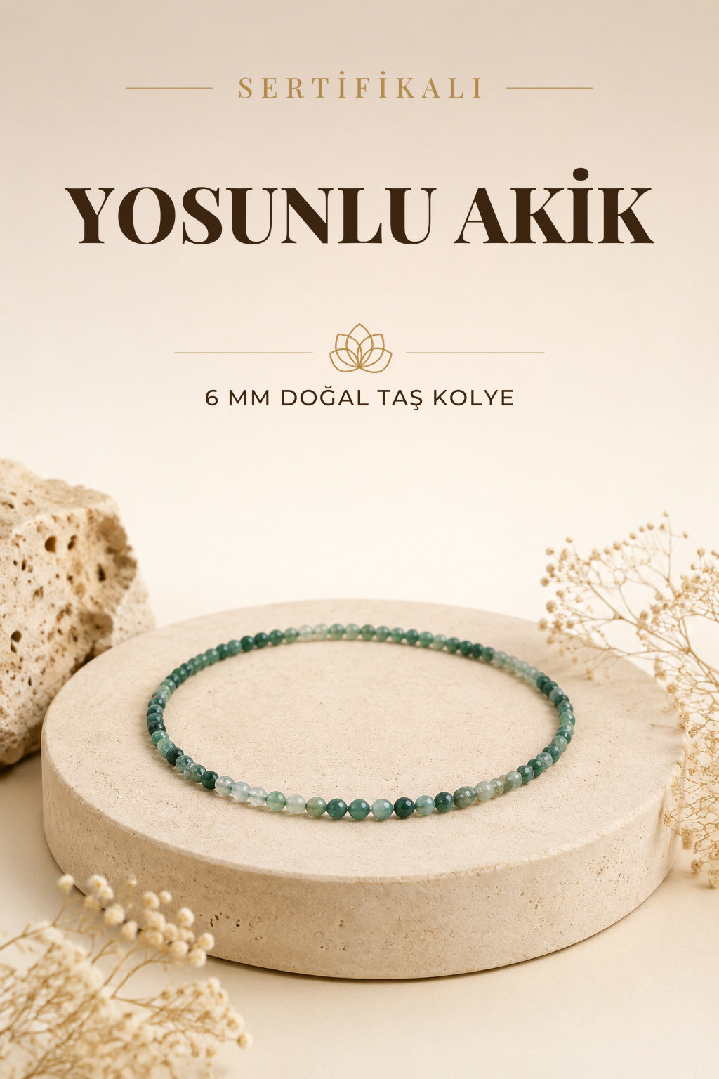 Sertifikalı Yosunlu Akik Doğaltaş Kolye 6 Mm, M603