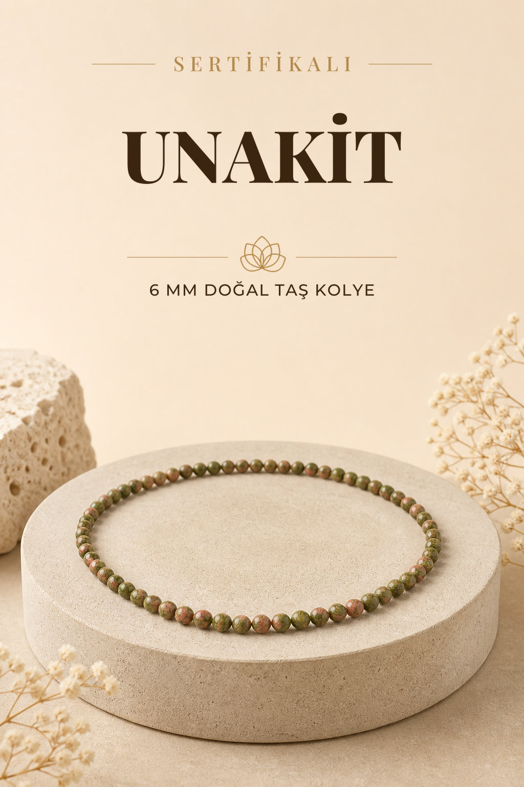 Sertifikalı Unakit Doğaltaş Kolye 6 Mm, M599