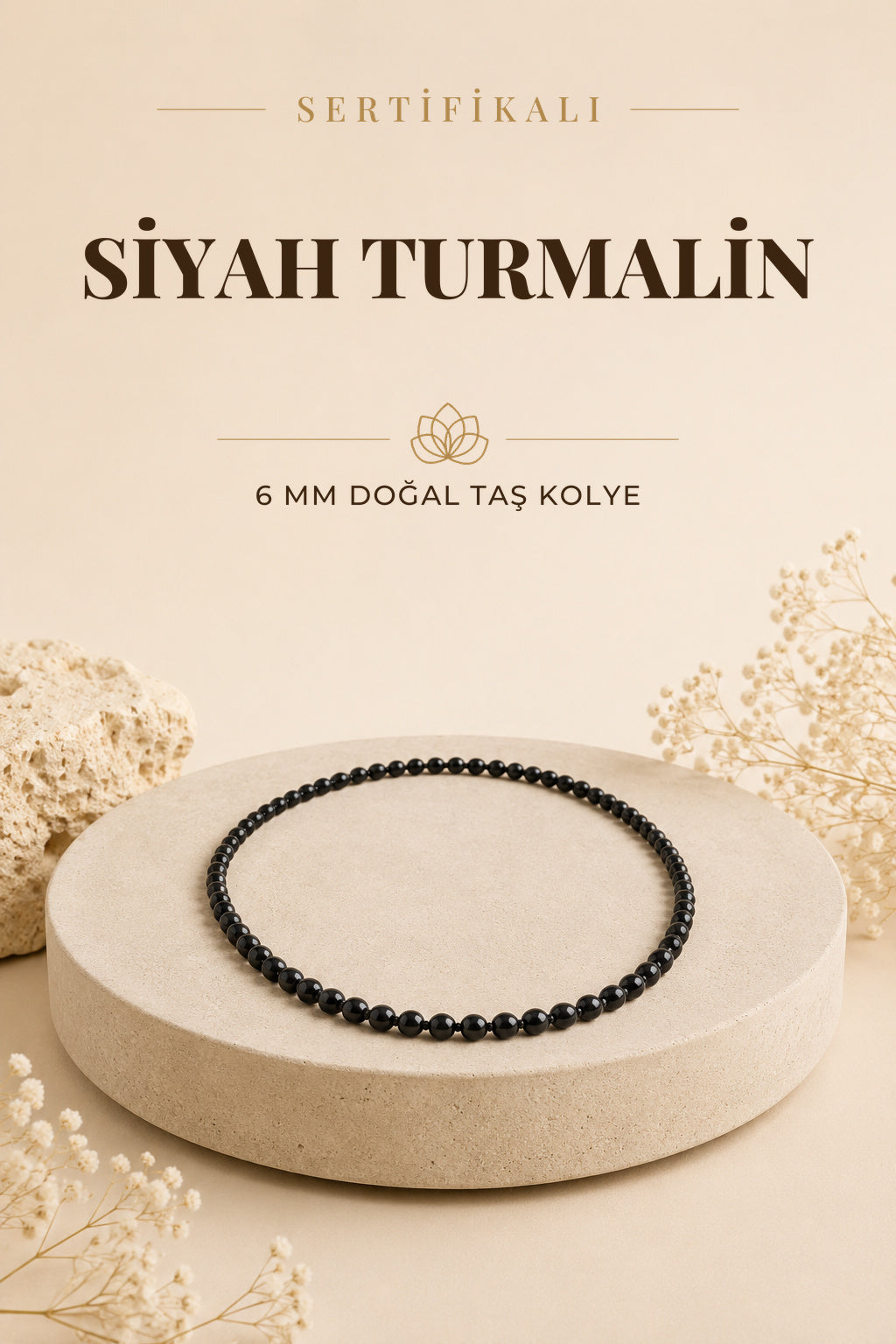 Sertifikalı Siyah Turmalin Doğaltaş Kolye 6 Mm, M593