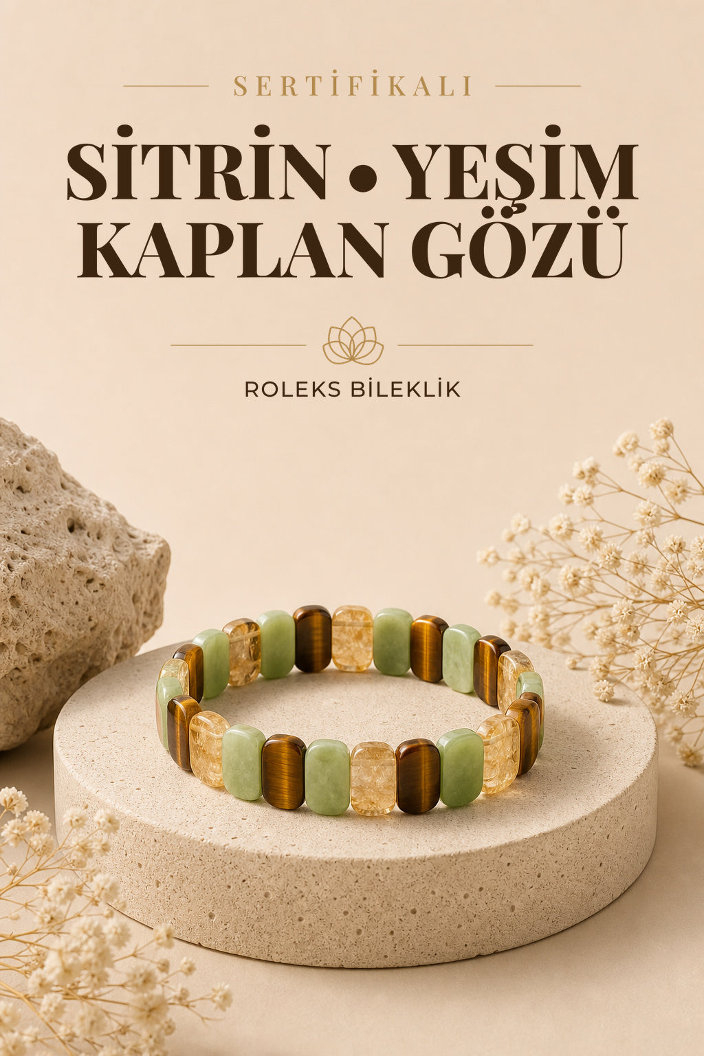 Sertifikalı Sitrin - Yeşim - Kaplan Gözü - Doğal Taş Roleks Bileklik