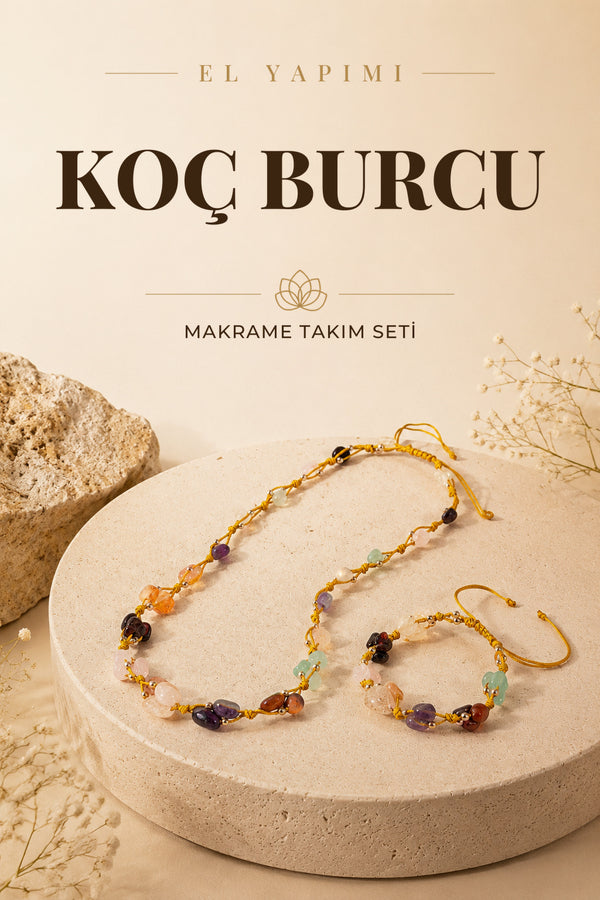 Koç Burcu Doğal Taş Natürel Makrome Kolye Bileklik Seti