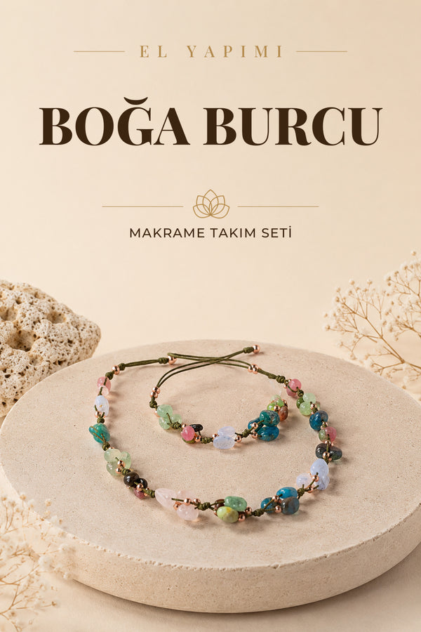 Boğa Burcu Doğal Taş Natürel Makrome Kolye Bileklik Seti