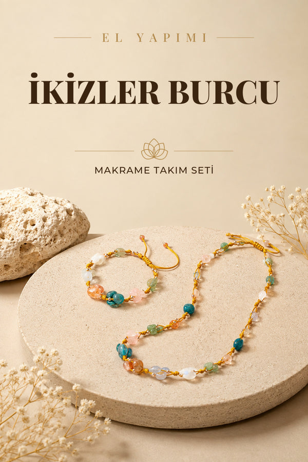 Ikizler Burcu Doğal Taş Natürel Makrome Kolye Bileklik Seti