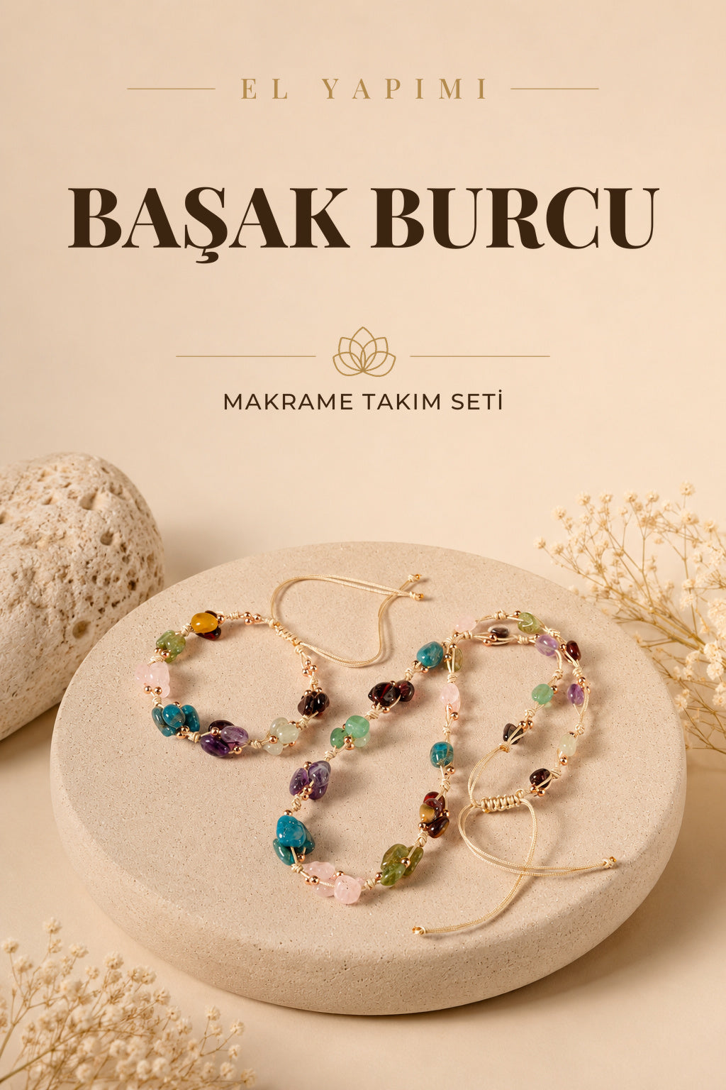 Başak Burcu Doğal Taş Natürel Makrome Kolye Bileklik Seti