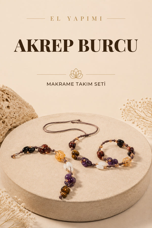 Akrep Burcu Doğal Taş Natürel Makrome Kolye Bileklik Seti