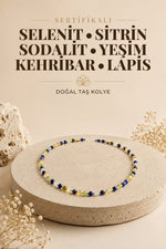 Sertifikalı Doğal Taş Troid Kolye- Selenit-sitrin-sodalit-yeşim-kehribar-lapis