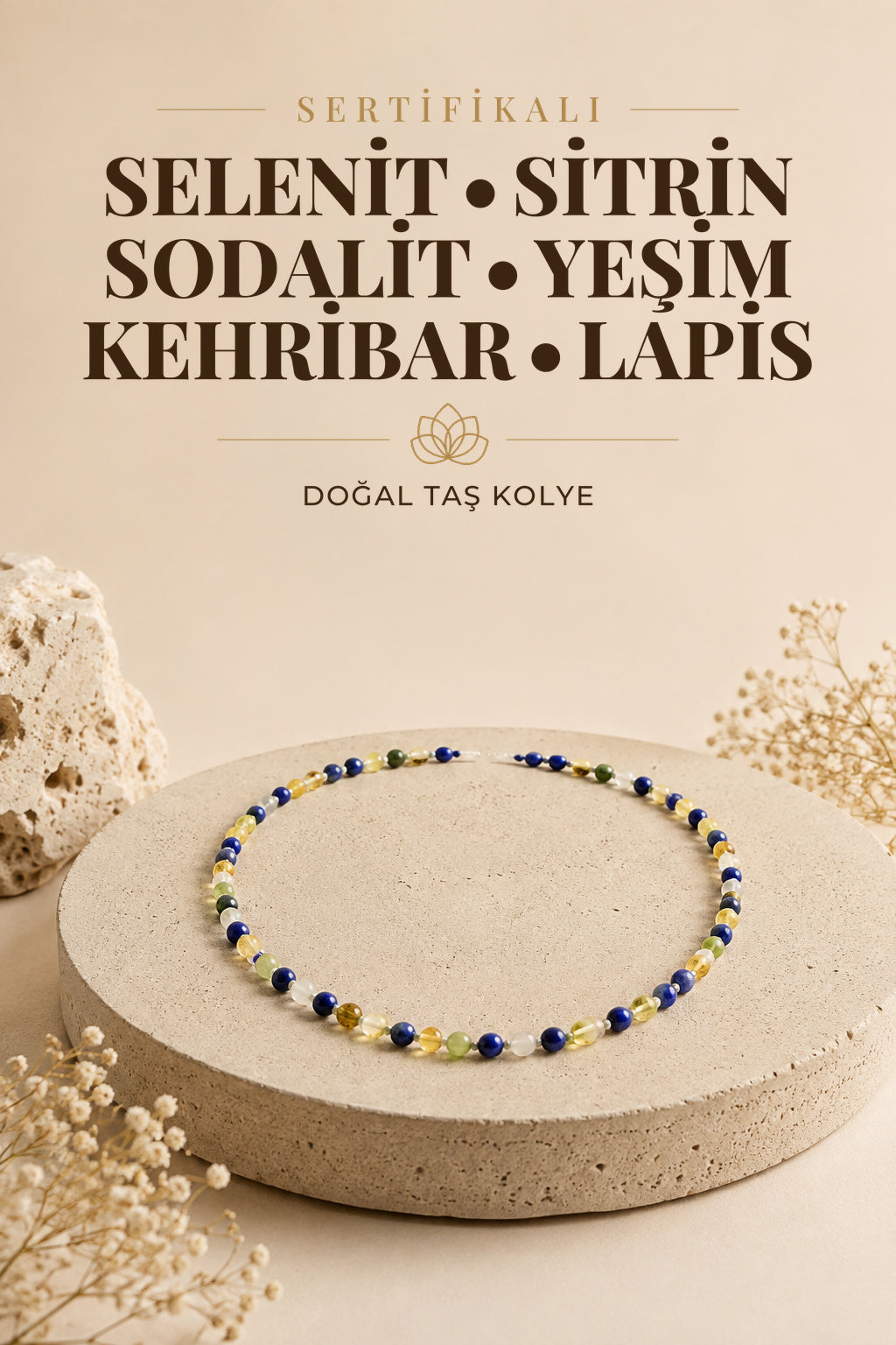 Sertifikalı Doğal Taş Troid Kolye- Selenit-sitrin-sodalit-yeşim-kehribar-lapis