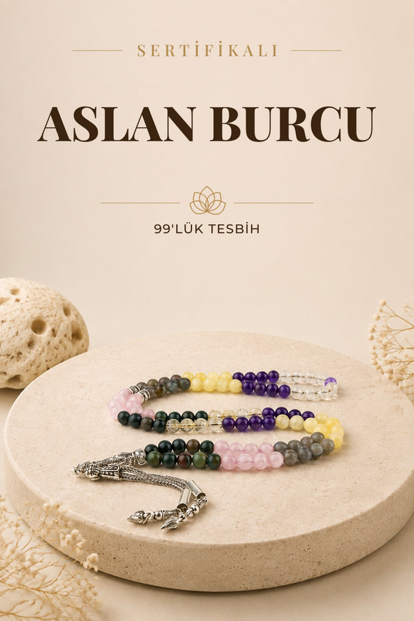 Sertifikalı Aslan Burcu 99'luk Tesbih Ametist-kan Taşı-sitrin-labradorit-pembe Kuvars-kalsit