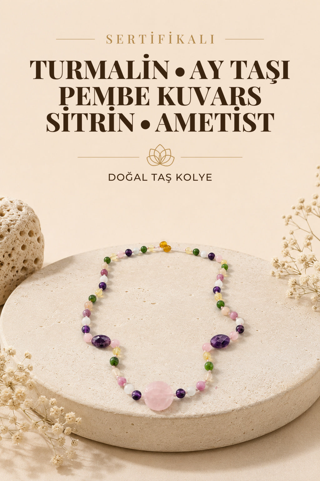 Sertifikalı Turmalin-ay Taşı-pembe Kuvars-sitrin-ametist- Doğal Taş Kolye