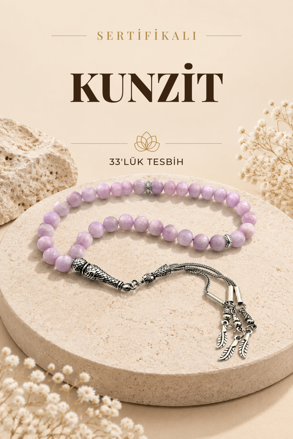 Sertifikalı Kunzit 33'lük Doğal Taş Tesbih 8 Mm (METAL AKSAMLI)