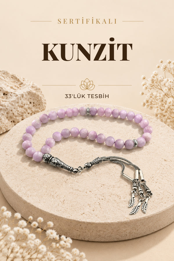 Sertifikalı Kunzit 33'lük Doğal Taş Tesbih 8 Mm (METAL AKSAMLI)