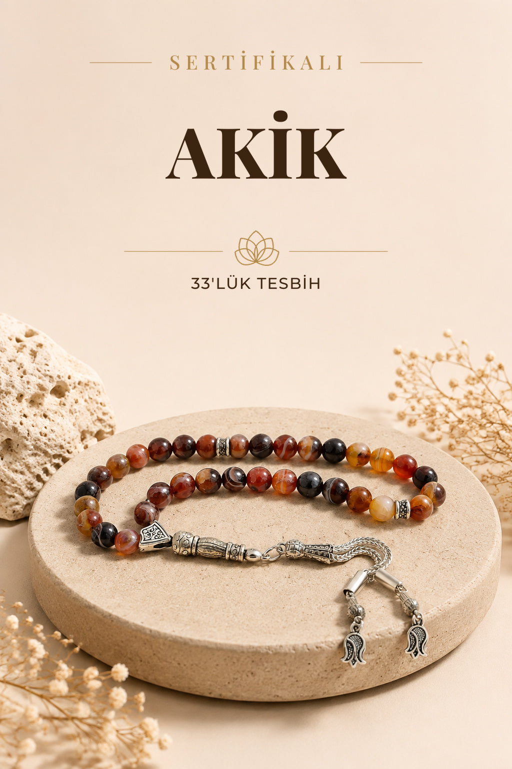 Sertifikalı Madagaskar Akik 33'lük Doğal Taş Tesbih 8 mm