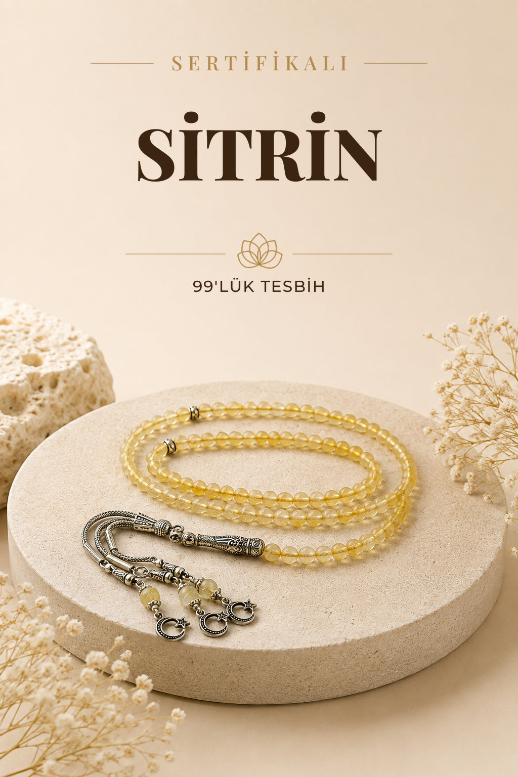 Sertifikalı Sitrin 99'luk Doğal Taş Tespih 6 Mm