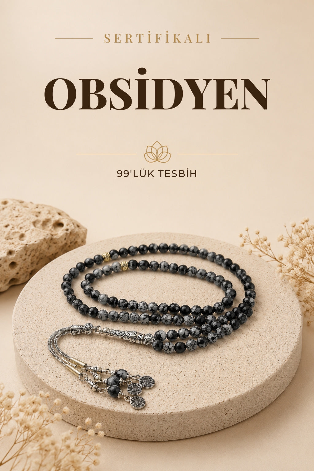 Sertifikalı Obsidyen 99'luk Doğal Taş Tespih 6 Mm