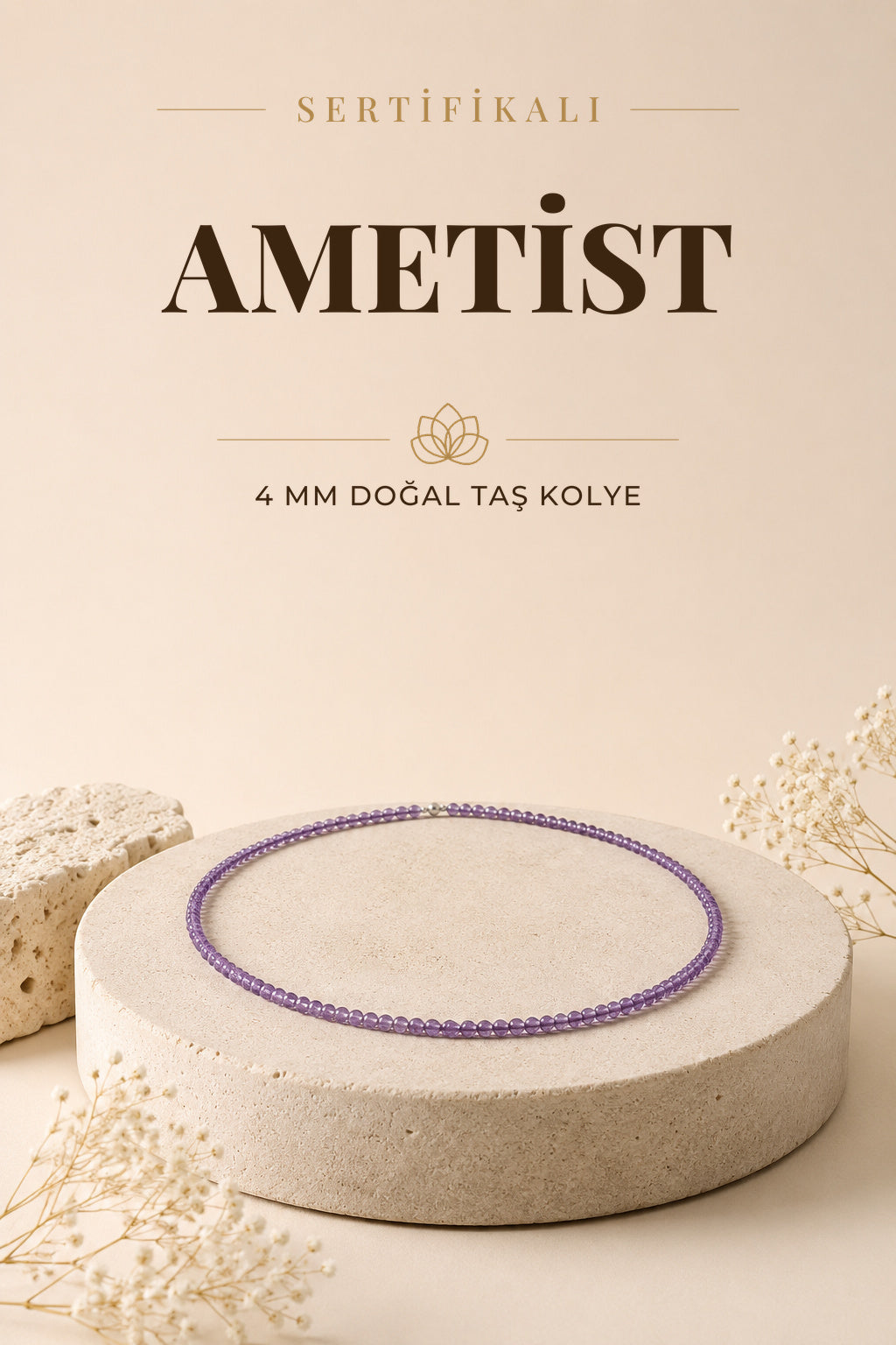 Sertifikalı Ametist Doğal Taş Kolye 4 Mm