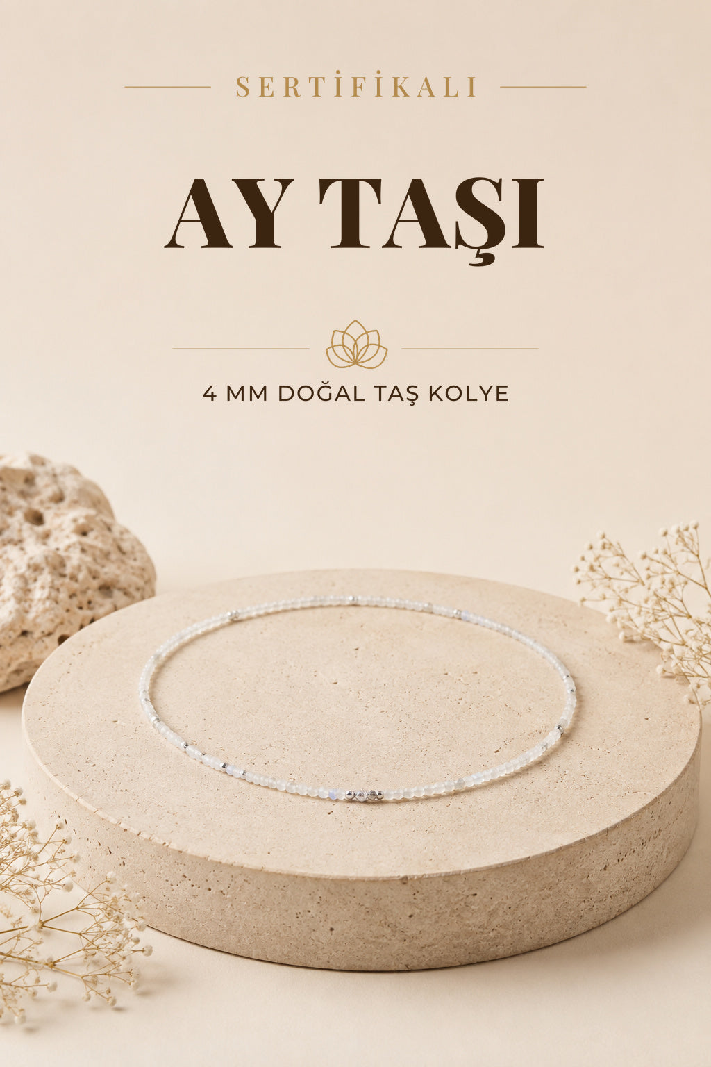 Sertifikalı Ay Taşı Doğal Taş Kolye 3-4 Mm
