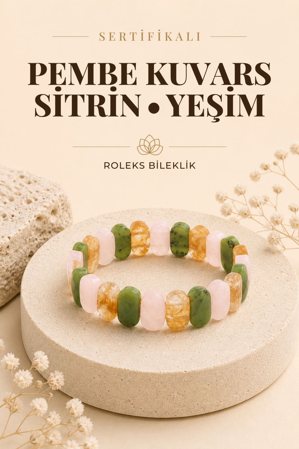 Sertifikalı Pembe Kuvars-sitrin-yeşim Doğal Taş Roleks Bileklik