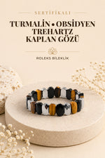 Sertifikalı Turmalin Obsidyen Trehartz Kaplan Gözü Doğal Taş Roleks Bileklik