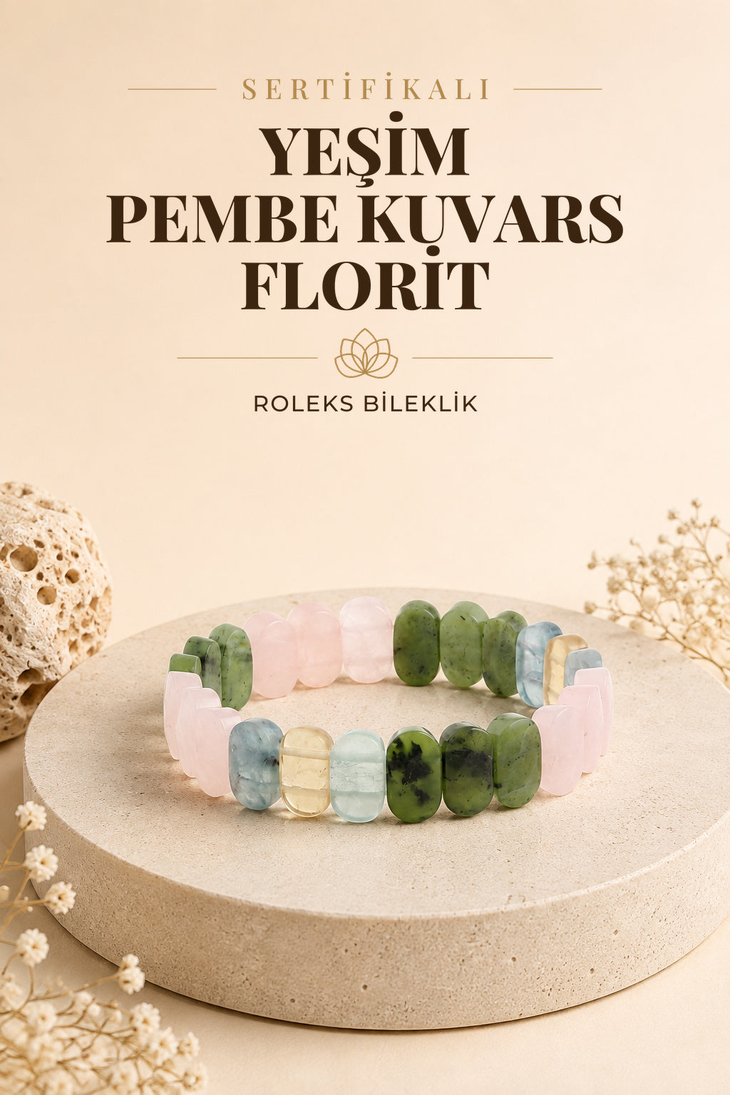 Sertifikalı Yeşim-pembe Kuvars-florit Doğal Taş Roleks Bileklik