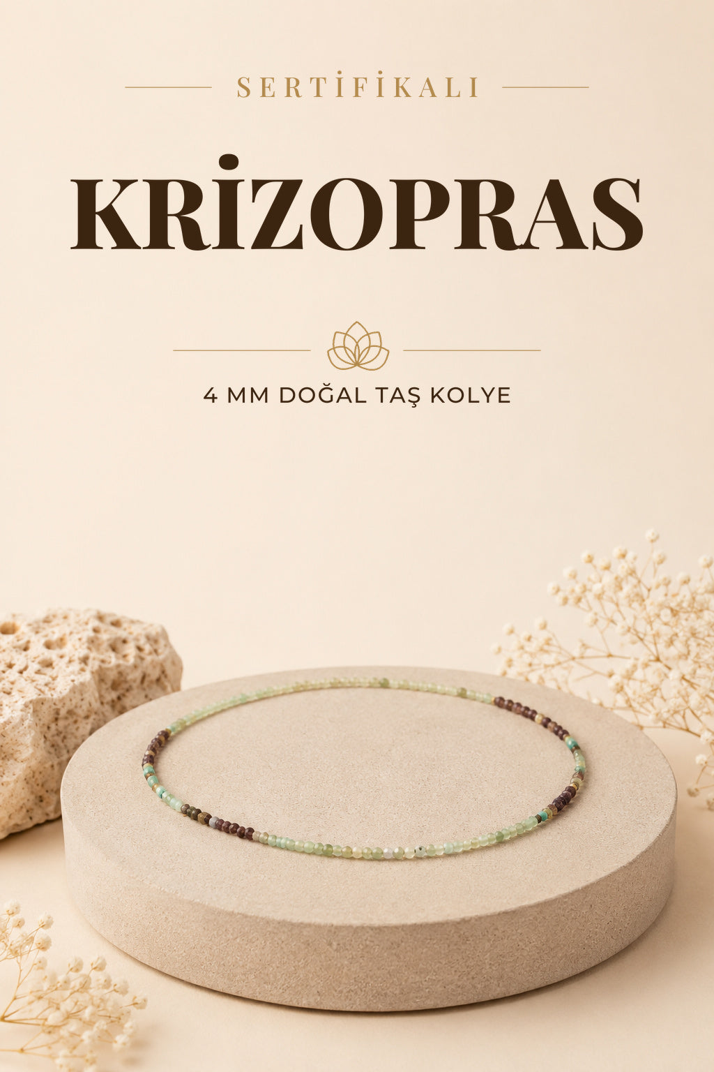 Sertifikalı Krizopras Doğal Taş Kolye 4mm