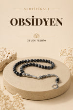 Sertifikalı Obsidyen 33'lük Doğal Taş Tesbih (gümüş Aksamlı Ay Yıldız Tasarımlı) 8 Mm