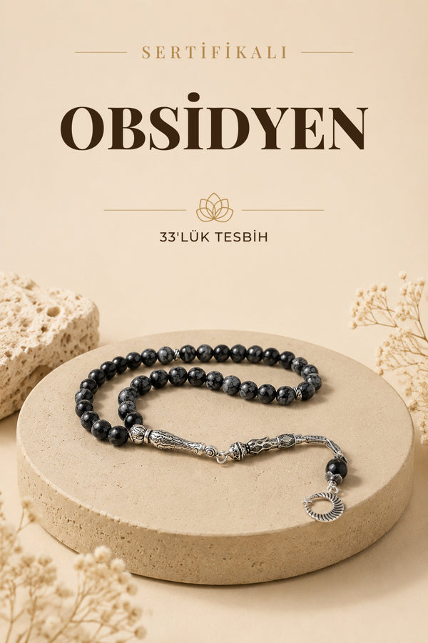 Sertifikalı Obsidyen 33'lük Doğal Taş Tesbih (gümüş Aksamlı Ay Yıldız Tasarımlı) 8 Mm