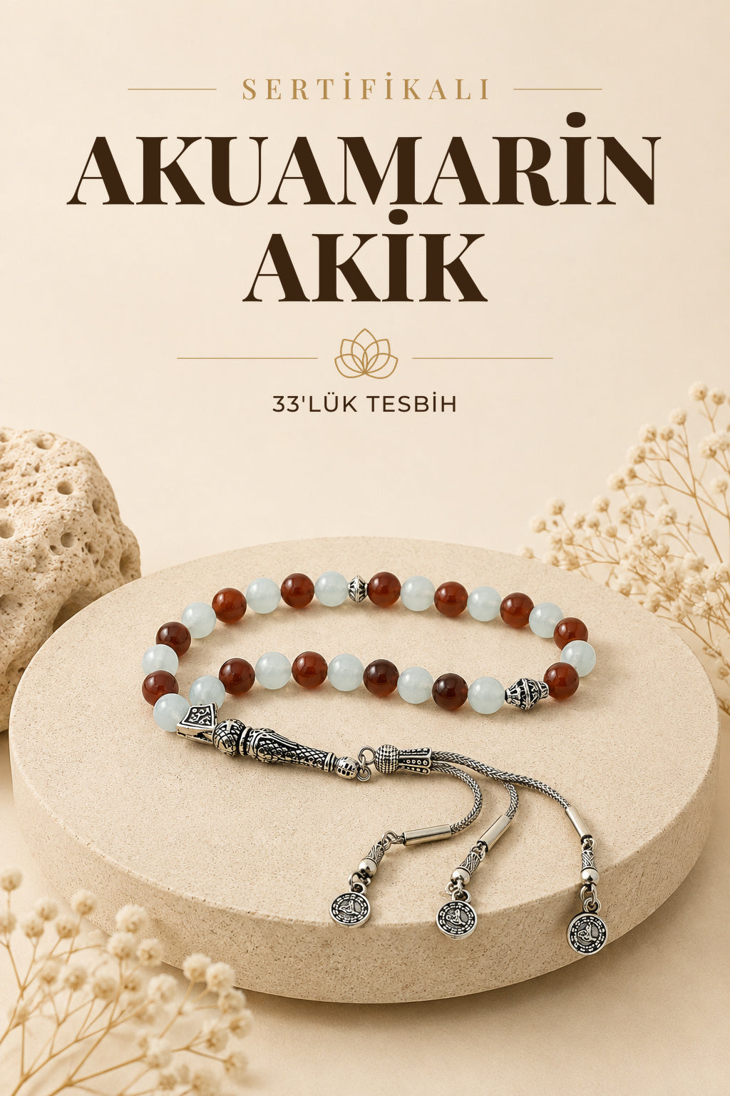 Sertifikalı Akuamarin-akik 33'lük Doğal Taş Tesbih Metal Aksam