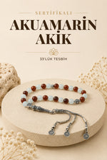 Sertifikalı Akuamarin-akik 33'lük Doğal Taş Tesbih Metal Aksam