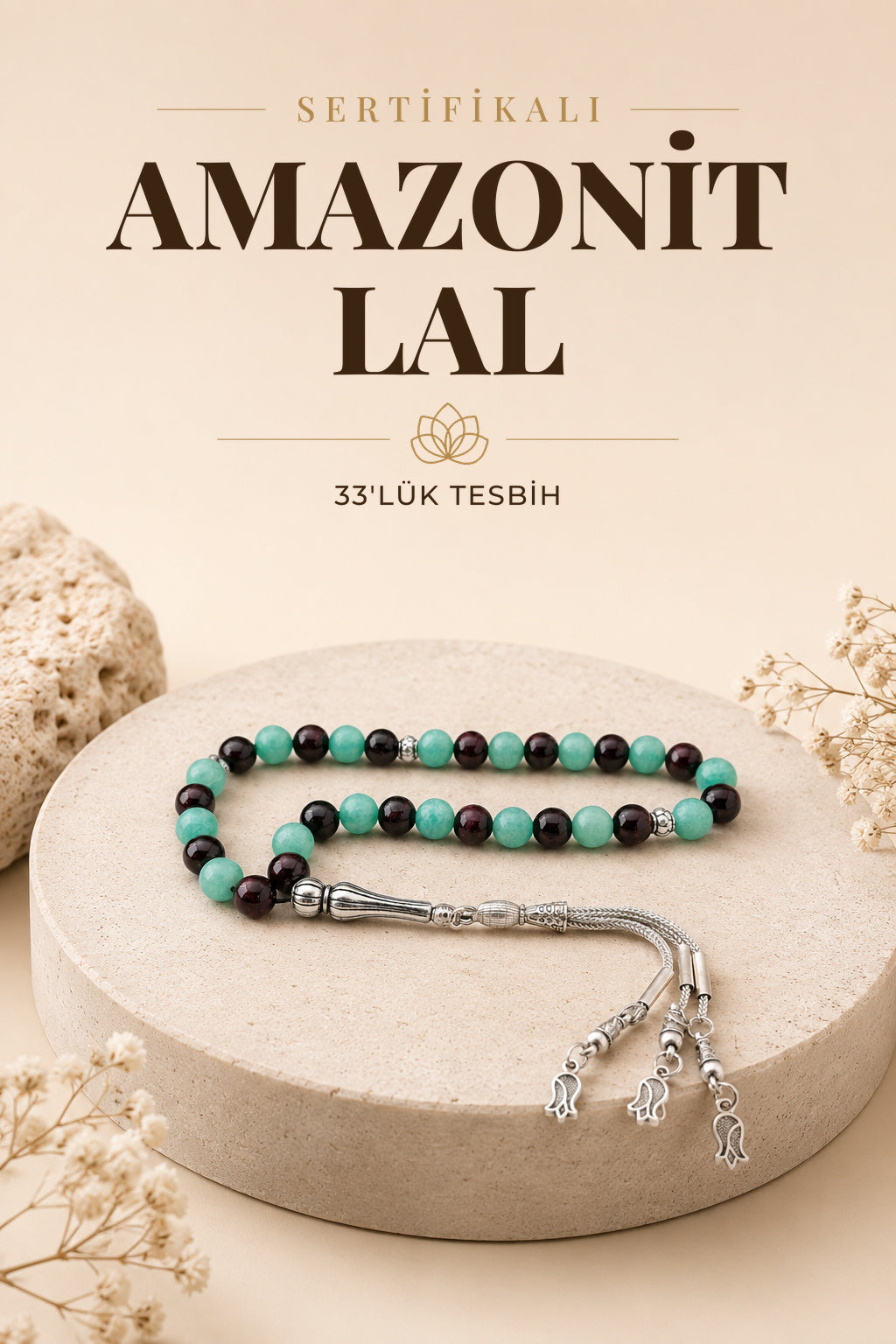 Sertifikalı Amazonit - Lal 33'lük Doğal Taş Tespih 8 Mm