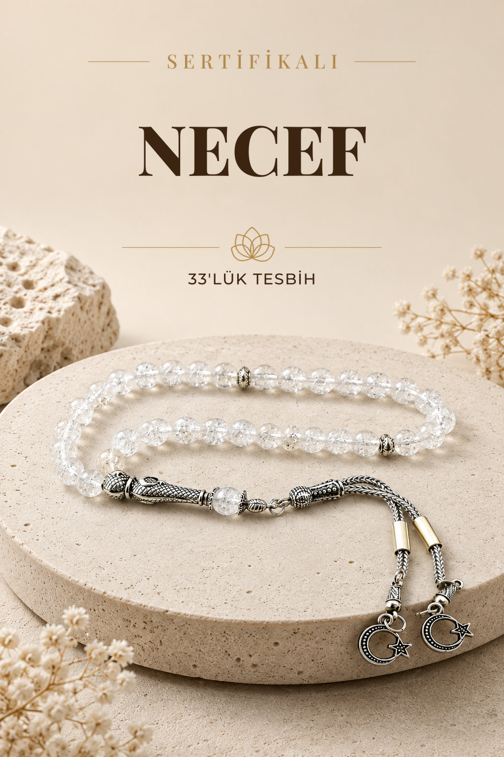 Sertifikalı Necef 33'lük Doğal Taş Tesbih 8 Mm