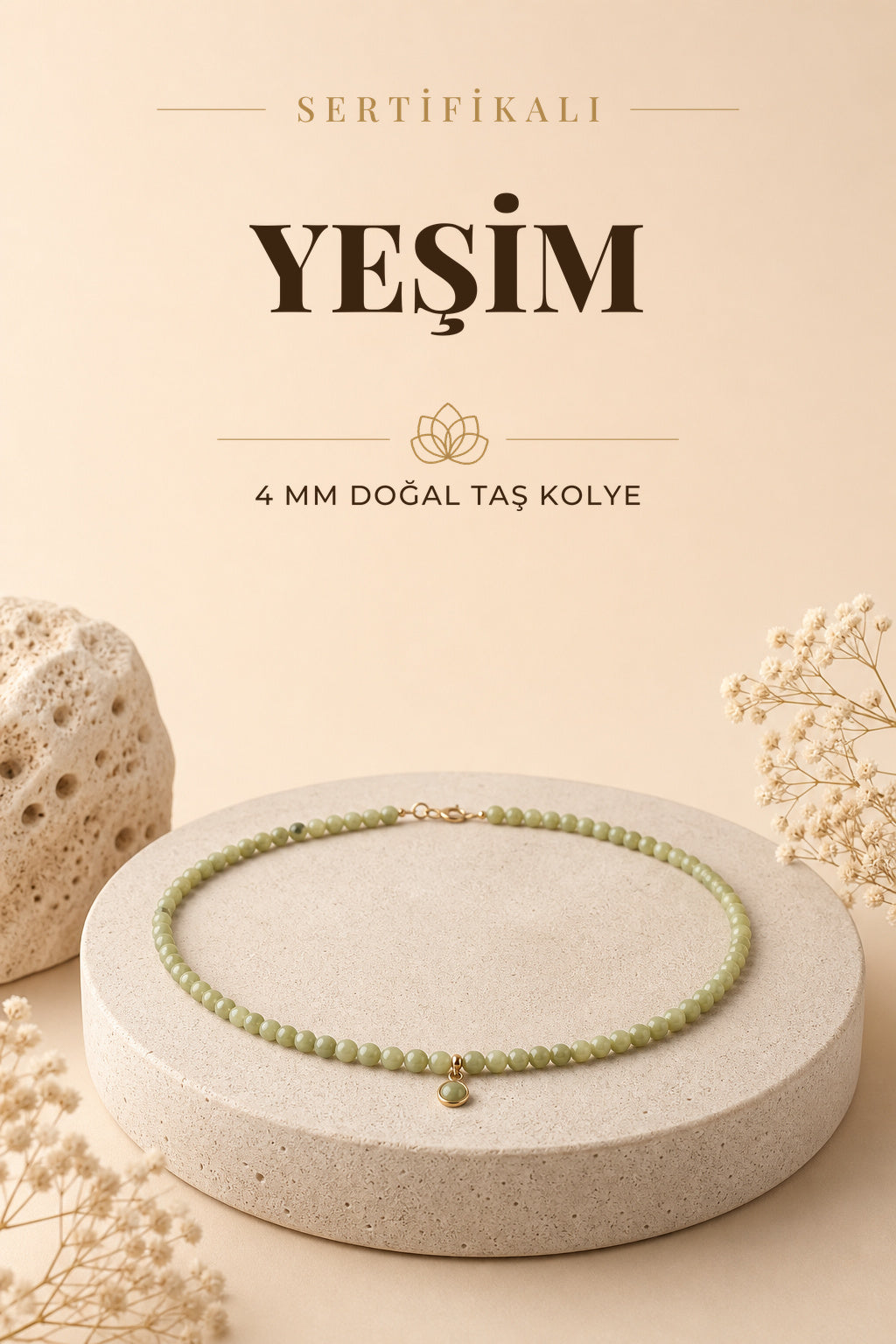Sertifikalı Yeşim Doğal Taş Kolye 4 Mm