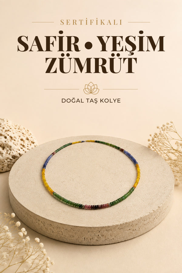 Sertifikalı Safir-yeşim-zümrüt Doğal Taş Kolye (ÖZEL MODEL)