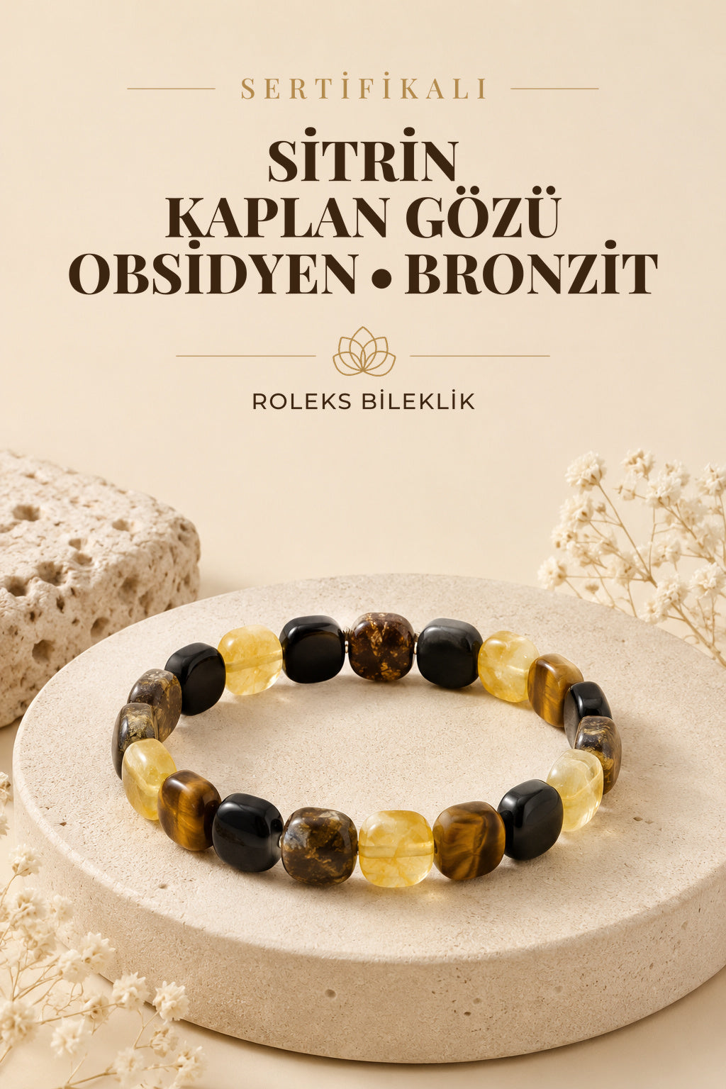 Sertifikalı Doğal Taş Roleks Bileklik-sitrin-kaplan Gözü-obsidyen-bronzit-bileklik B358