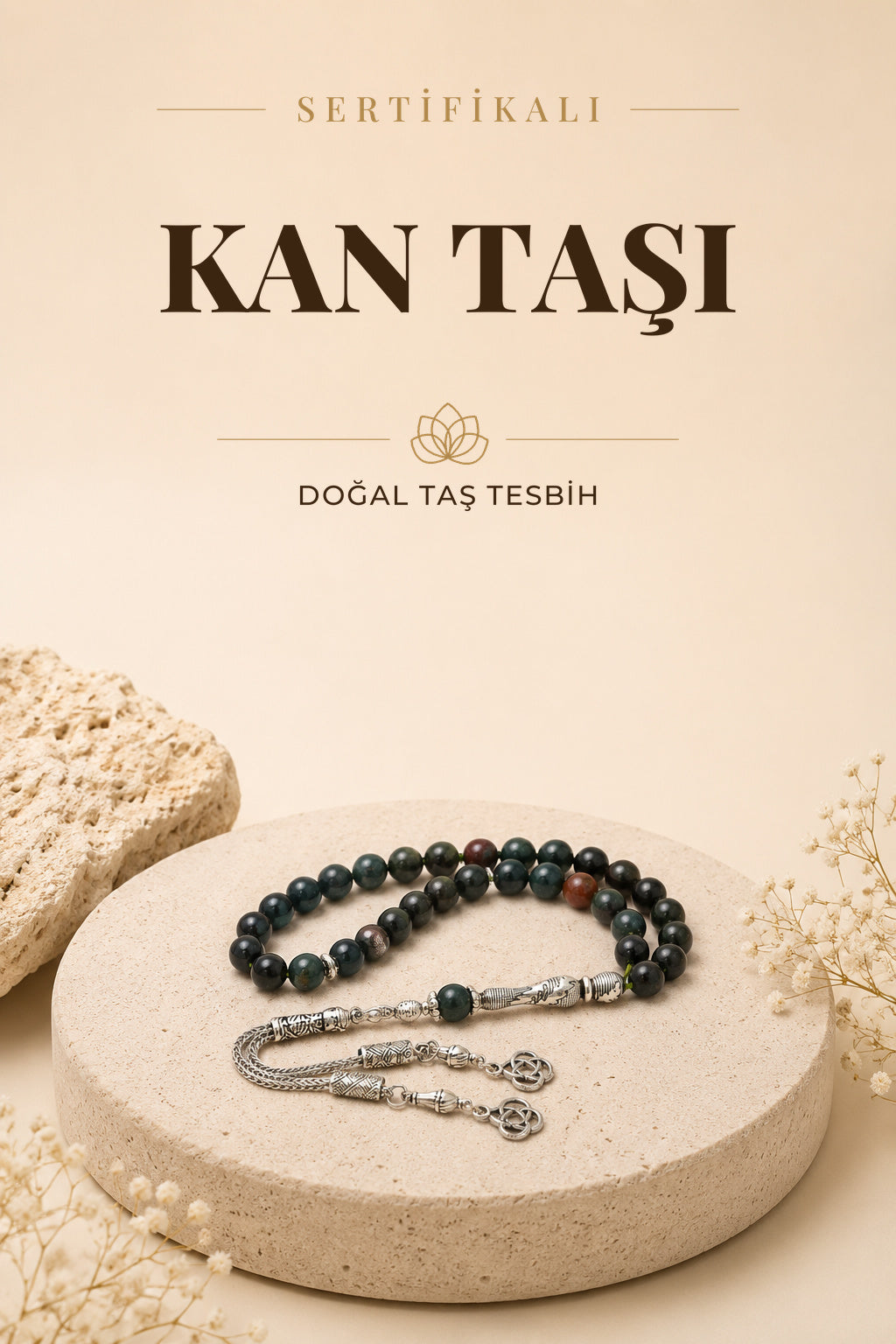 Sertifikalı Kan Taşı Doğal Taş Tesbih