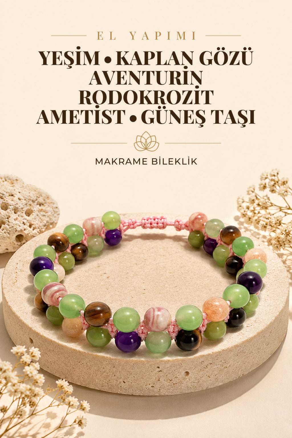 Yeşim - Kaplan Gözü - Aventurin - Rodokrosit - Ametist - Güneş Taşı Makrome Bileklik (ruhsal Sağlık)
