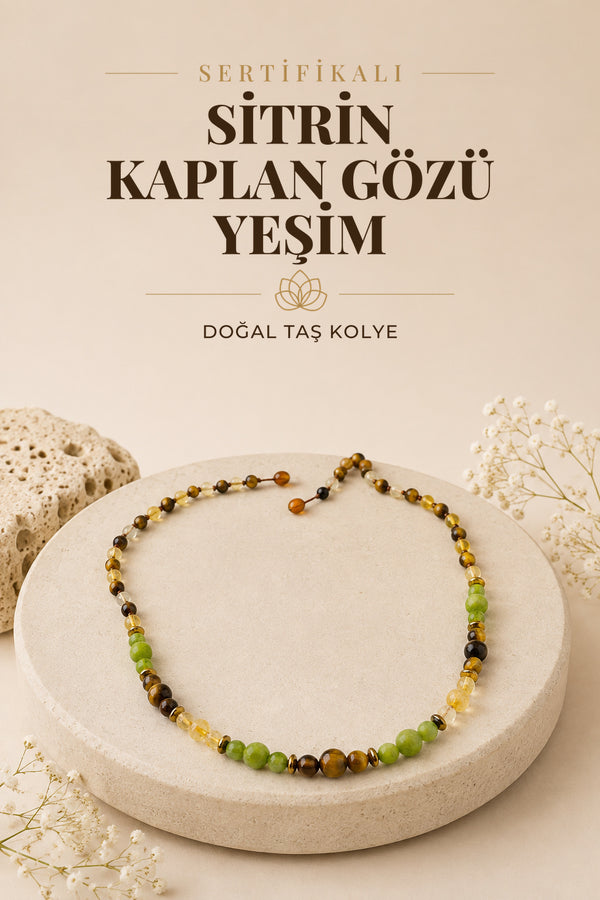 Sertifikalı Sitrin - Kaplan Gözü - Yeşim Doğal Taş Kolye