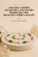 Sertifikalı Ametist-sitrin-amazonit-aventurin-pembe Kuvars-hematit-pirit-kalsit Set Taşlar